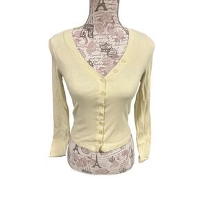Y2K Faded Rose Yellow Ribbed Knit Button Front Long Sleeve Cardigan Top